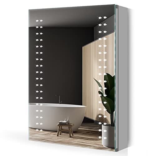 Image of Quavikey® LED Illuminated Bathroom Mirror Cabinet wtih Shaver Socket, Mirror Stroage with Anti-Fog Demister for Bathroom, Dimmable Lighting for Makeup and Shaving, Adjustable Shelf, 500 x 700mm