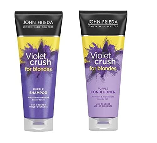 Image of (250ml tubes) John Frieda Violet Crush Colour Correcting Shampoo and Conditioner Set For Banishing Brassy Tones in Blonde Hair
