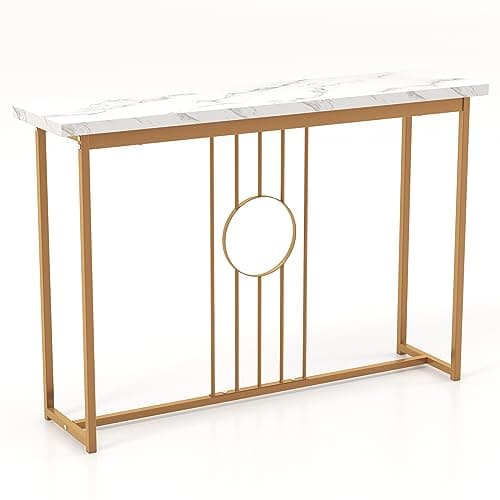 Image of COSTWAY 120cm Console Table, Modern Faux Marble Slim Entryway Table Sofa Side Tables, Golden Metal Frame Long Narrow Couch Accent Table for Hallway, Foyer and Living Room (White + Gold)