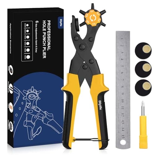 Image of Belt Hole Puncher, [Perfect Full Set] Diyife Leather Punch with Ruler Extra Plate Screwdriver, Heavy Duty Revolving Punch Plier, Multi Sizes for Crafts, Card, Rubber, Paper(Yellow)