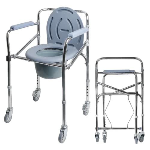 Image of EasyVibe Bedside Commode Chair with Wheel, Heavy Duty Steel Frame Portable Toilet for Elderly with Adjustable Height, Portable Commode for Seniors