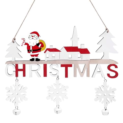 Image of VEYLIN Wooden Christmas Hanging Sign with Santa and Snowflakes Xmas Wooden Christmas Decorations White and Red Holiday Decoration