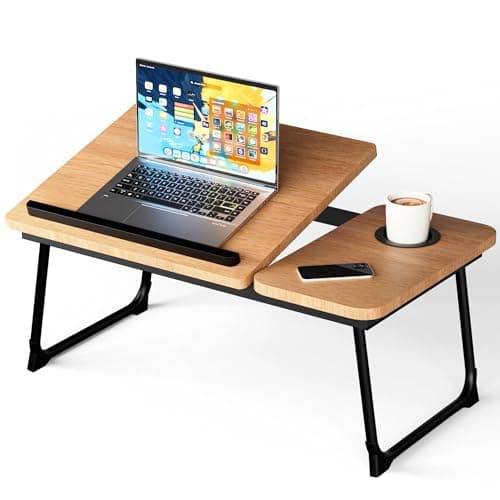 Image of Laptop Bed Table,Laptop Bed Desk with Foldable Legs & Cup Slot, Folding Table Adjustable Trays, Reading Book Holder Notebook Stand Lap Tray for Bed, Sofa,Terrace,Carpet, Walnut