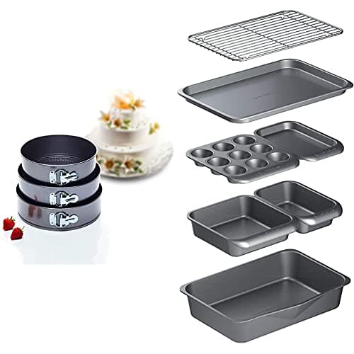 Image of KitchenCraft Springform Cake Tins with Non Stick Coating in Gift Box, Round, Set of 3 with MasterClass Smart Space 7 Piece Stackable Bakeware Set with Non Stick Baking Trays