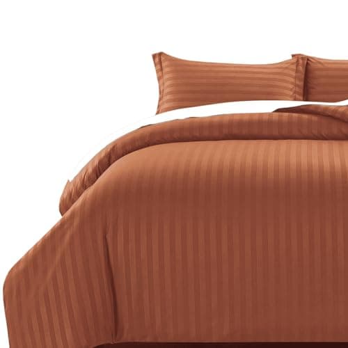 Image of MOONLIGHT20015 King Size Duvet Cover Sets Reversible Stripes Satin Bedding Set with 2 Pillowcases Soft Hypoallergenic Duvet Covers (Rust 230x220)