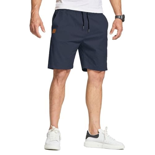 Image of JustSun Mens Shorts Casual Summer Shorts Men with Pockets Mens Cotton Chino Sports Shorts with Elastic Waist Blue M