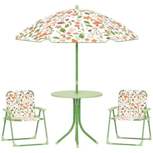 Image of AIYAPLAY Children Table and Chair Set with Adjustable Parasol, 2 Folding Chairs, Picnic Table, Fox Pattern Outdoor Patio Set, for Ages 2-5 Years, Green