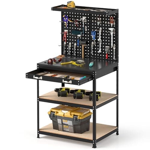 Image of TANGZON Workbench with Pegboard, Metal Work Bench with Shelves, Topping Space, Hanging Accessories, Heavy Duty Work Table Tool Storage Bench for Workshop Warehouse (Black, 81x41x156cm)