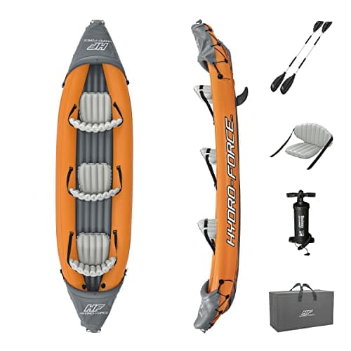 Image of Hydro-Force 12'6" x 39" Rapid X3 Inflatable Kayak Set | Fits Up to 3 Adults | Includes 2 Aluminum Paddles, 1 Hand Pump, 2 Fins, 1 Carry Bag, Repair Patch