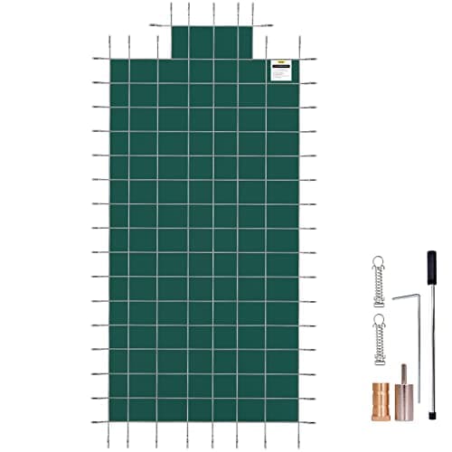 Image of VEVOR Safety Cover for Inground Pools 20x40ft Green Mesh with Central End Steps 1.2x2.4m Solid Safety Cover for Winter Pool, Sun Resistant Wind Resistant