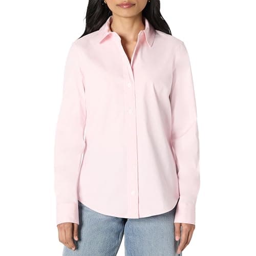 Image of Amazon Essentials Women's Regular-Fit Stretch Poplin Button-Up Dress Shirt, Light Pink, M