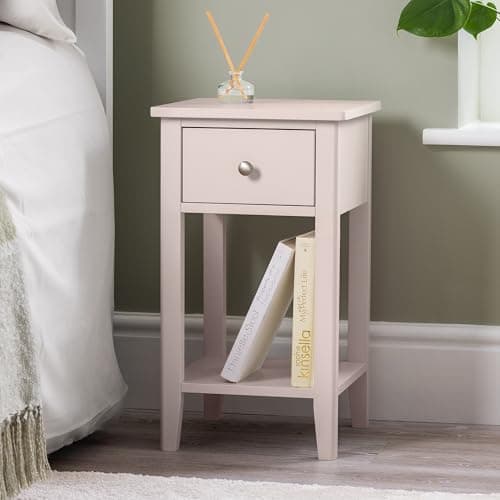 Image of CHRISTOW Slim Pink Bedside Table With Drawer & Shelf, Modern Narrow Bedroom Nightstand, Wooden MDF Side End Stand for Living Room Hallway Sofa, Brushed Chrome Handle (H57cm x W32cm x D32cm)