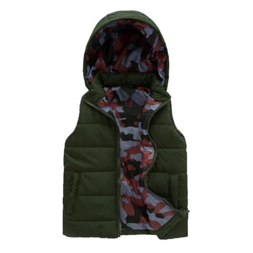Image of JOYSON Kids Lightweight Padded Gilet Sleeveless Puffer Vest Boys & Girls Quilted Outwear with Hood Army Green Camo 7-8 Years