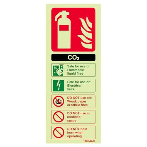 Image of V Safety 11004AC-GS Glow In The Dark Carbon Dioxide Co2 Id Fire Extinguisher Sign - 75mm x 200mm - Self Adhesive Vinyl