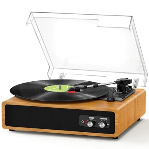 Image of FYDEE Record Player, Dual-Way Bluetooth Vinyl Player Driven by Belt 3 Speed, Vinyl Record Player with Built-In 2 Stereo Speakers, Portable Retro Turntable Supports RCA Output, AUX Input - Light Wood
