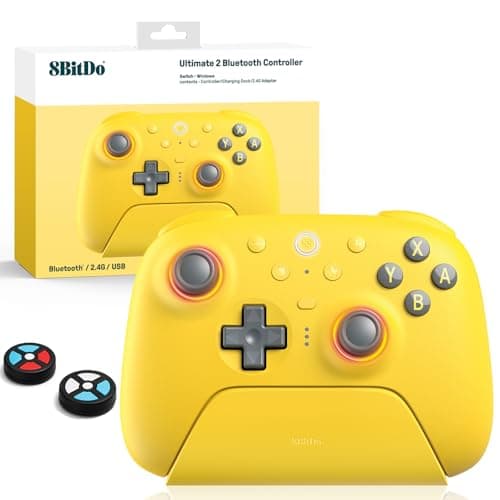 Image of 8Bitdo Ultimate 2 Bluetooth Controller (TMR Joystick Update), RGB Fire Ring, Switchable Hall Effect/Tactile Triggers, Vibration and Motion Control for Switch 2, Switch, Windows PC (Yellow)