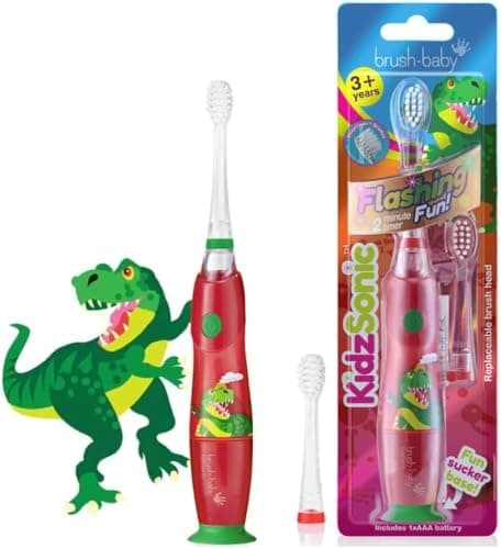 Image of Brush-Baby - Dinosaur KidzSonic Kids Electric Toothbrush, 3+ Years - DeepClean Bristles, Suction Base - Fun Design with Flashing Disco Lights - 2 x Replacement Heads & 1 x AAA Battery