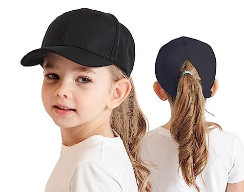 Image of Cysocool Kids Ponytail Baseball Cap 3-8 Years Girls Boys Golf Visor Trucker Hat Anti UV Tennis Cap Child Summer Sun Protection Hat Long Peaked Snapback Cap Sports Running Cap Beach Cool Sun Hat Black