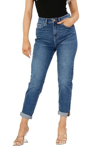 Image of Ex Famous Store Mom Jeans High Waisted for Women UK, Ladies Ankle Grazer Relaxed Fit Jean Dark Blue