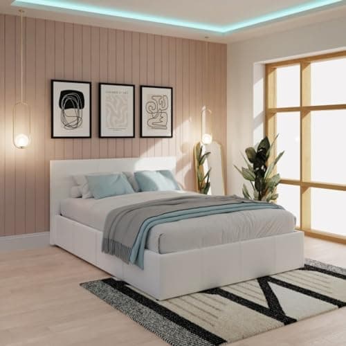 Image of GFW Classic Leather Upholstered Ottoman Storage Bed With Gas Side Lift & Under Bed Storage, King, White