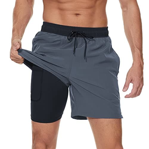 Image of Arcweg Men's Swim Trunks Mens Swimming Shorts with Compression Liner Quick Dry Stretchy 2 in 1 Board Shorts with Zipper Pockets Black+Grey L (UK)