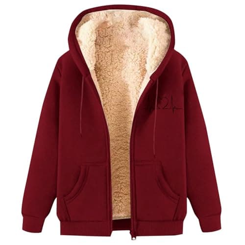 Image of 2026 Women's Jackets Men's and Zip Up Heartbeat Print Fleece Hoodie with Pockets Stylish Casual Sports Jacket (XL) Wine