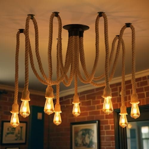 Image of ANWIO Rope Pendant Light Fitting,8 Head DIY Spider Lights Ceiling,Rustic Hemp Rope Hanging Light,Kitchen Hanging Ceiling Lights Fitting,Loft Lighting for Cafe Dining Restaurant Bar Hall