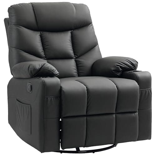 Image of HOMCOM Recliner Armchair, Swivel PU Leather Manual Reclining Chair with Adjustable Leg Rest, Drink Holders, Side Pockets, Rocker Chair for Home Living Room, Black