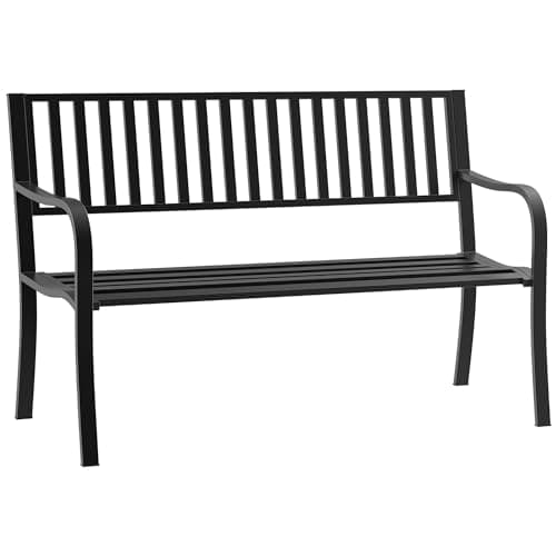 Image of Outsunny Garden Bench, 2 Seater Outdoor Patio Bench, Metal Garden Loveseat with Slatted Seat, 240 KG Capacity for Park, Balcony, Porch, 127 x 60 x 81 cm, Black