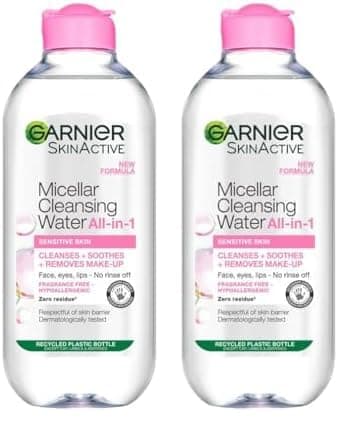 Image of Garnier Micellar Cleansing Water, Gentle face Cleanser & Makeup Remover, Fragrance-Free, Vegan Formula, Suitable For All Skin Types, Even Sensitive, Skin Active, 400ml (Pack of 2)