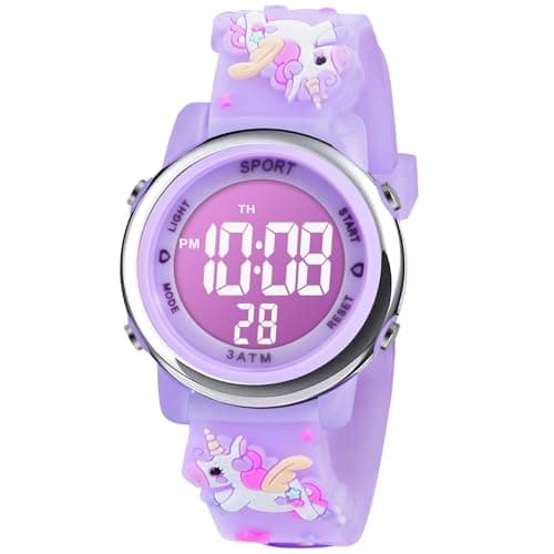 Image of Vicloon Kids Watch, Toddler Digital Watch LED Electrical Watches 7 Color Lights with Alarm Stopwatch Unicorn Valentine's Day Gift for 3-10 Year Girls (Light Purple)