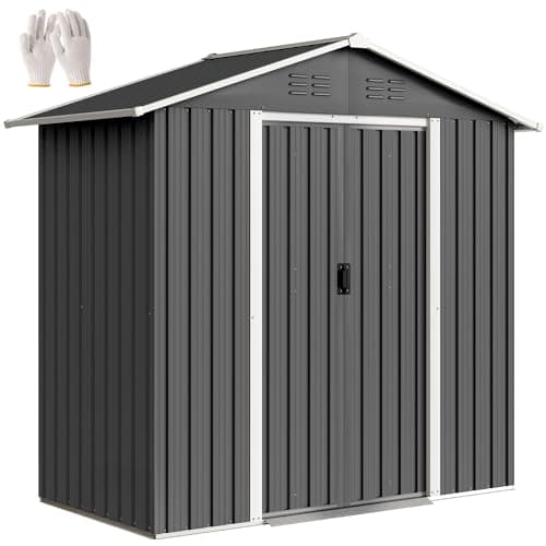 Image of Outsunny 6.5 x 3.5ft Metal Garden Shed, Outdoor Storage Shed for Tool Organization with Double Sliding Doors and 4 Vents for Garden, Patio, Dark Grey