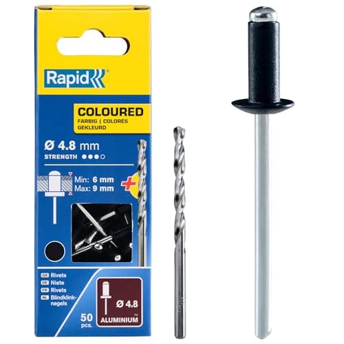 Image of Rapid High Performance Black Aluminium Rivets, Ø4.8 x 12 mm - 4mm Rivets for Gutters, Piping, and Sheet Metal - Includes Drill - 50 Pieces, Carton Boxed (5001471)