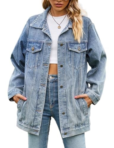 Image of Sukany Women's Casual Denim Jacket Oversized Button Up Turn Down Collar Loose Long Sleeve Mid Long Coat Blue M