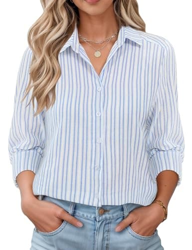 Image of Rapbin Womens Long Sleeve Tops Loose Fit Cotton Collared Shirts Executive Office Business Casual Blouse White and Blue Stripes XL(UK 18-20)