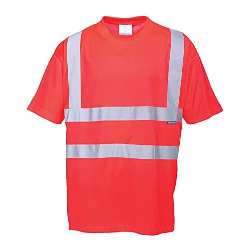 Image of Portwest S478 Mens Hi Vis Short Sleeve T Shirt UPF 40 Moisture Wicking Bird Eye Knit Reflective Tape Safety Workwear Top for Construction Roadwork Warehouse, Red, M