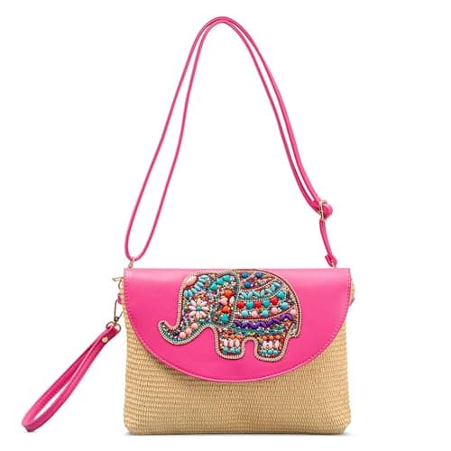 Image of DIRRONA Fashion Ladies Handbag Characteristic Shoulder Bag Small Crossbody Bag Casual Travel Straw Handbag with Ethnic Style for Women Flap Design Shoulder Bags(Rose Red)
