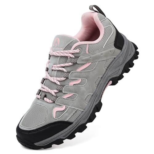 Image of Unitysow Hiking Boots Men’s Women’s Walking Shoes Trainers Low Rise Trekking Climbing Shoes Outdoor Backpacking Camping Sneaker,Grey Pink,5 UK
