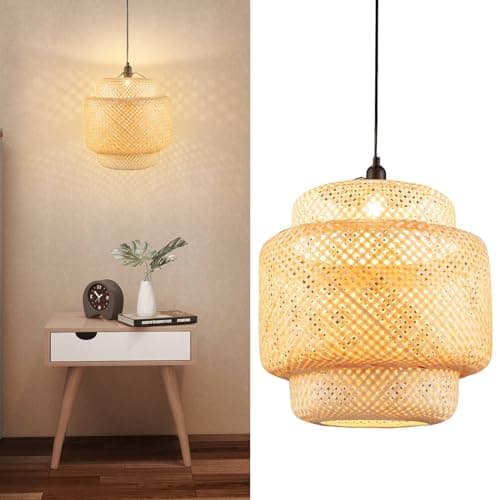 Image of GiantexUK Bamboo Pendant Light, Height Adjustable Ceiling Fitting Light Fixtures with E27 Bulbs Holder & Handwoven Lampshade, Suspension Hanging Lamp for Living Room Lounge Restaurant