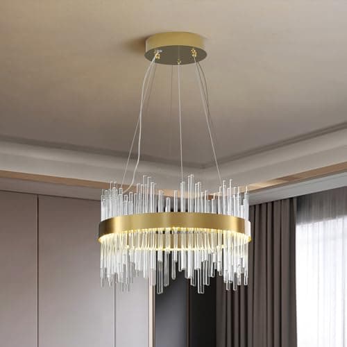 Image of HvKvHvY Modern Crystal Chandelier, LED Gold Pendant Light Ceiling Light Fixture Semi Flush Mount Chandelier Hanging Lamp for Kitchen Living Room Bedroom Hallway Staircase，40CM