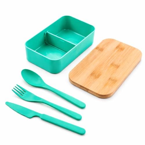 Image of Bamboo Lunch Box – 1000ml Reusable Lunchbox with Bamboo Lid & Cutlery Set (Knife, Fork & Spoon), Removable Divider – (Green)
