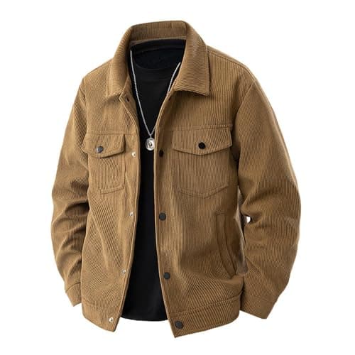 Image of Mrat Men's Corduroy Jackets Uk Winter Warm Jacket Vintage Lapel Colar Button Down Coats Thermal Slim Fit Shirts Long-Sleeve Casual Loose Fit Trucker Jacket with Pockets Overcoat Shackets Outwear M-5XL