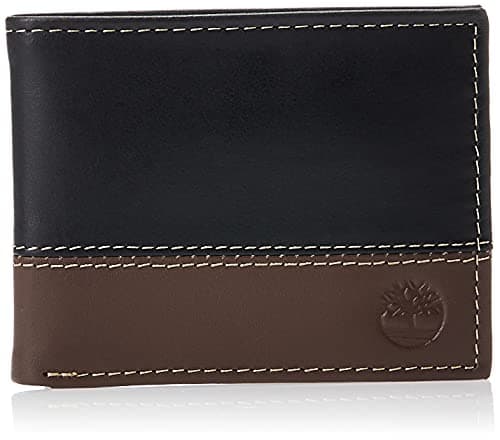 Image of Timberland Men's Leather Passcase Trifold Wallet Hybrid, Black/Cognac, One Size