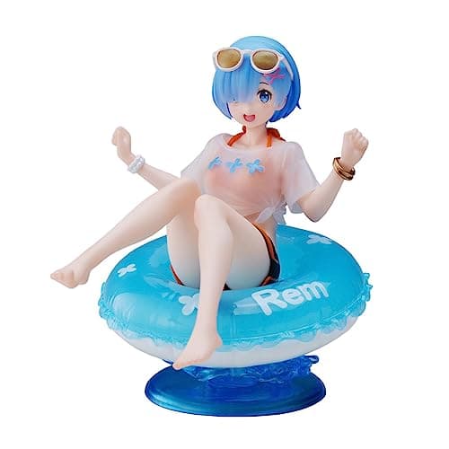 Image of Jiumaocleu Anime Re:0 Figure Rem Statue Model, 10cm Remu Action Figure Summer Blue Swimming Ring Sitting Pose Sculpture Handmade Collectible Desktop Decoration
