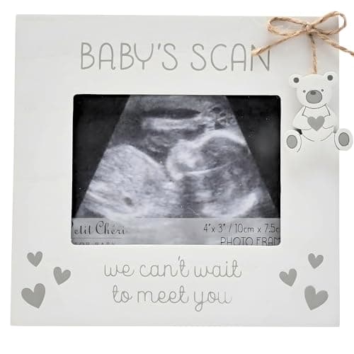 Image of Widdop Baby Scan Frame - White with Grey Hearts & Hanging Bear Charm - 'We Can't Wait To Meet You’ - 4" x 3"