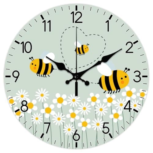 Image of CHGCRAFT Cartoon Style Bee Pattern Wall Clock 12 Inch Non-Ticking Daisy Clocks Round Wall Hanging Clock Battery Operated for Bedroom Living Room Kitchen Office