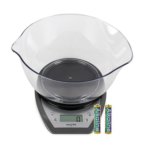 Image of Salter Digital Kitchen Scale With Bowl- 2L Dishwasher Safe Mixing Bowl, Easy Dual Pour Wide & Narrow Spouts, Measure Liquids, Add & Weigh Function, Easy Read Display, 5kg Capacity, Silver