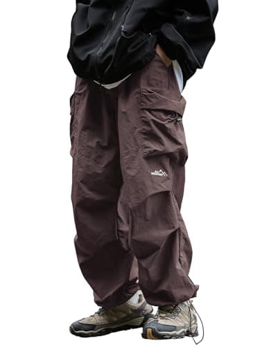 Image of Mens's Baggy Cargo Pants Casual Parachute Pants Loose Fit Hip Hop Harme Lightweight Water Resistant Pants with Pockets, Coffee, Medium