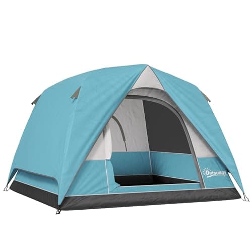Image of Outsunny 3-4 Person Camping Tent, Easy Set Up Waterproof Dome Tent with Sewn-in Groundsheet, Mesh Windows, Pocket and Hook for Camping, Hiking, Backpacking, Navy Blue and Light Blue