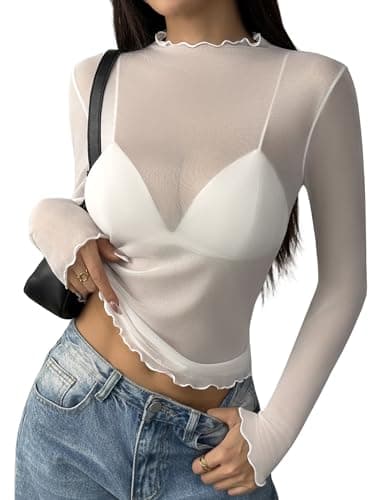 Image of Zeagoo Women's Mesh Tops Sexy See Through Fitted Top Sheer Long Sleeve T-Shirts Transparent Mock Neck Shirt for Party Clubwear White L